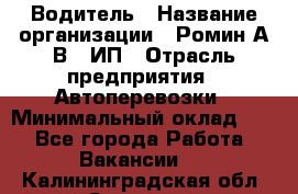 Водитель › Название организации ­ Ромин А.В., ИП › Отрасль предприятия ­ Автоперевозки › Минимальный оклад ­ 1 - Все города Работа » Вакансии   . Калининградская обл.,Советск г.